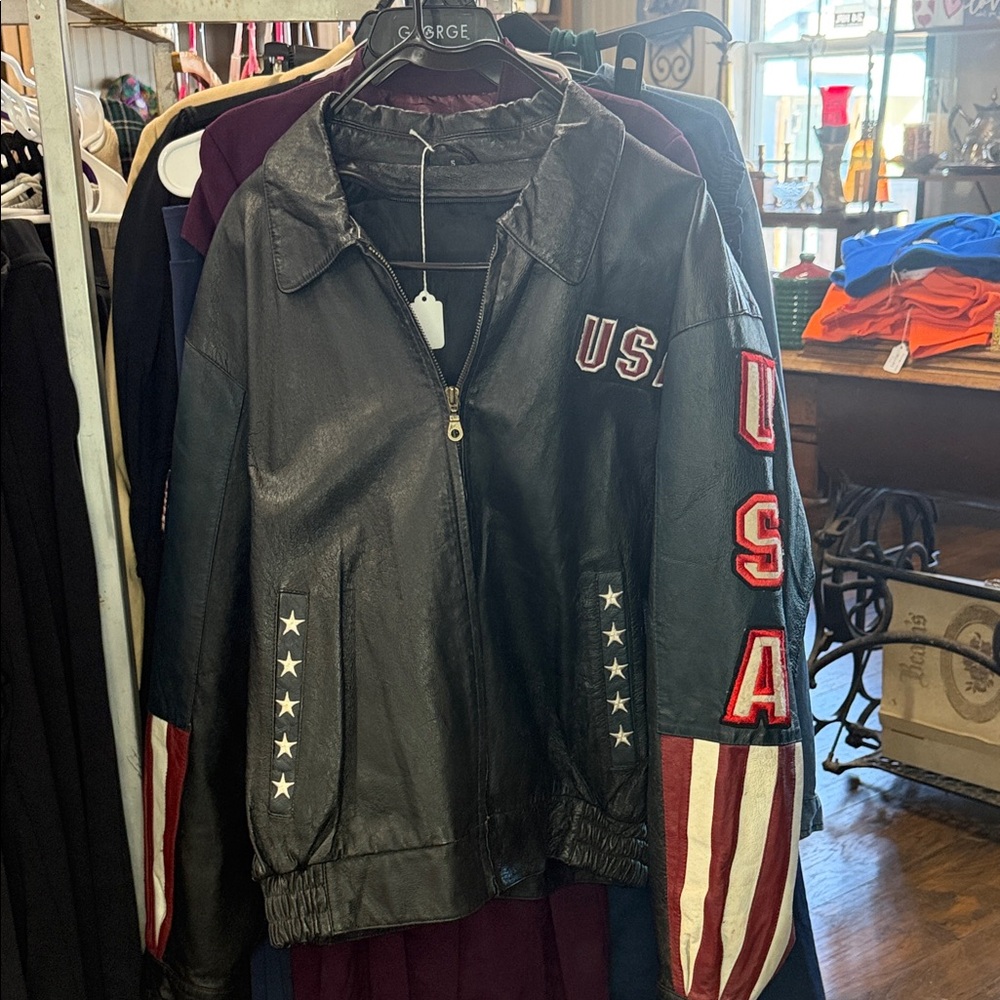 Source Unknown Black Leather Varsity Jacket With … - image 1
